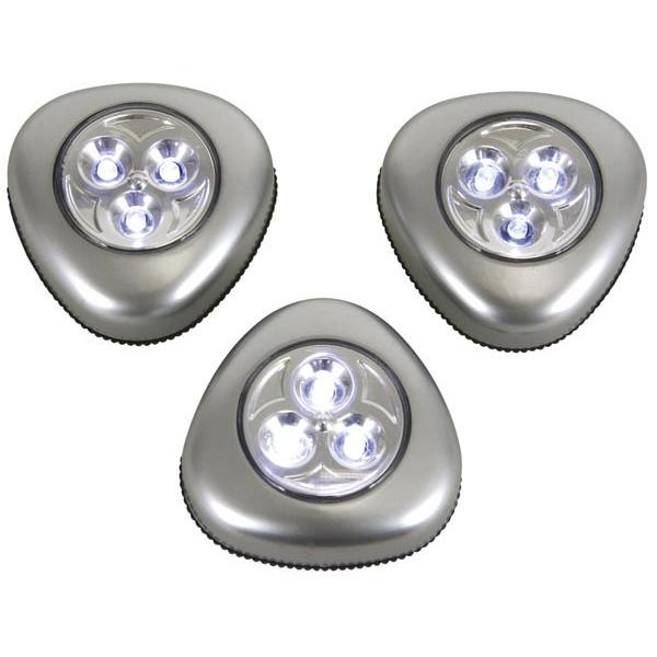 LAMPES LED AUTOCOLLANTES - 3 pièces - 3 lampes LED autocollantes dans un  double blister. Couleur : argenté alimentation : 3 x 1.5v aaa battery (non  inclus) dimensions : Ø 70 x 22mm poids : 25g