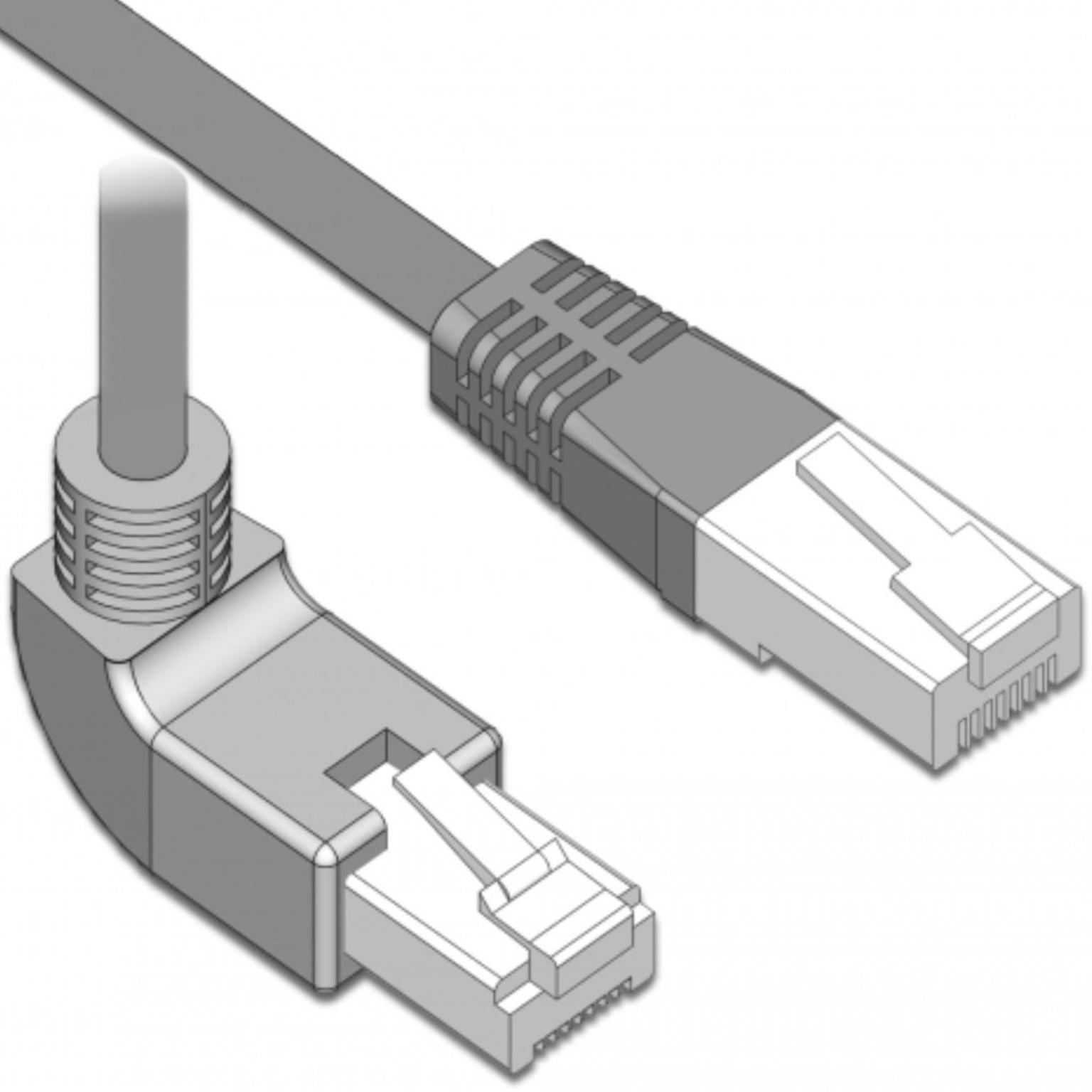 Câble SF/UTP Cat 5e coudé - Conducteurs : CU - AWG 26/7, Connexion 1 : RJ45  coudé vers le haut, Connexion 2 : RJ45 mâle, Gaine : LSZH