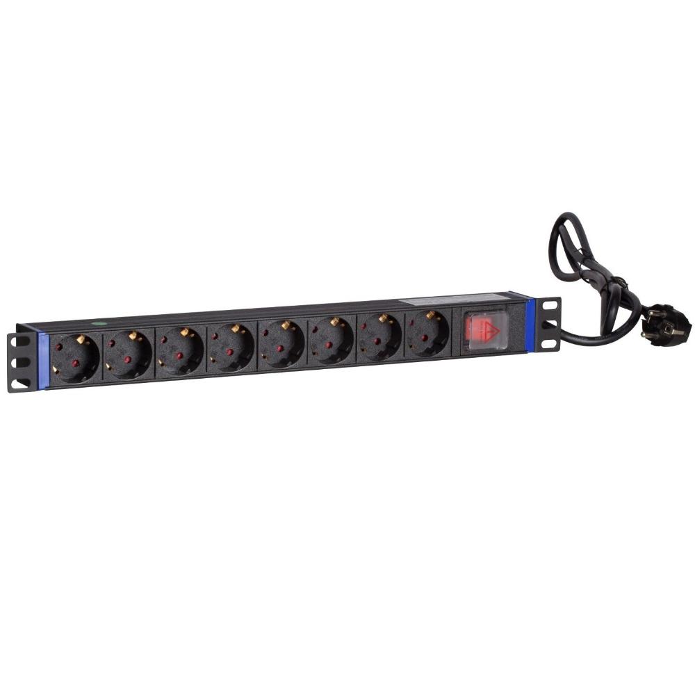 1U Stekkerdoos 8-voudig 19 Inch 483x44x44mm (BxDxH) Patchkast Wandkast Datakast