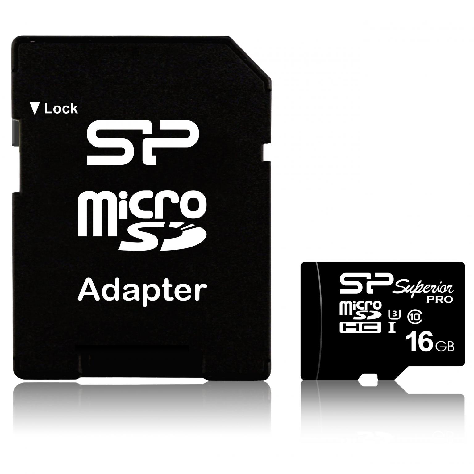 laten we het doen Comorama Reusachtig Micro SD kaart - 16 GB - Merk: Silicon Power - SDHC Superior Pro, UHS-3  Hoge schrijfsnelheid voor 4K film, Leessnelheid: 90 MB/s, Schrijfsnelheid:  80 MB/s, Opslagcapaciteit: 16 GB.