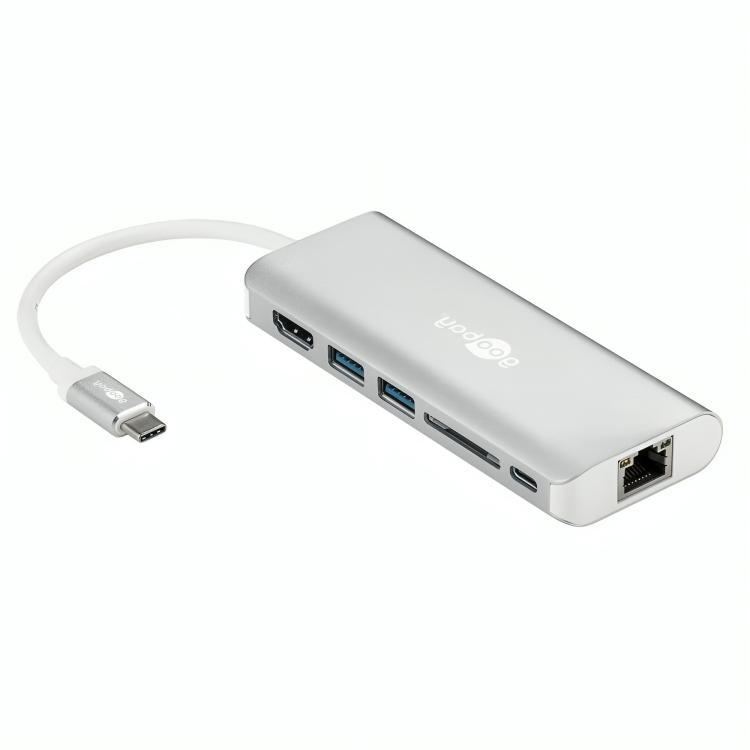 USB C hub met HDMI, 2× USB A, USB C Power Delivery, SD en LAN