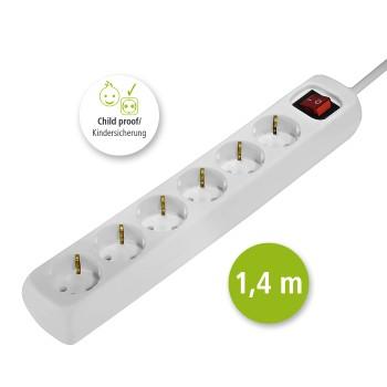 Verdeler, 6 stopcontacten, met schakelaar, kinderveilig, 1,4 m, wit - Hama