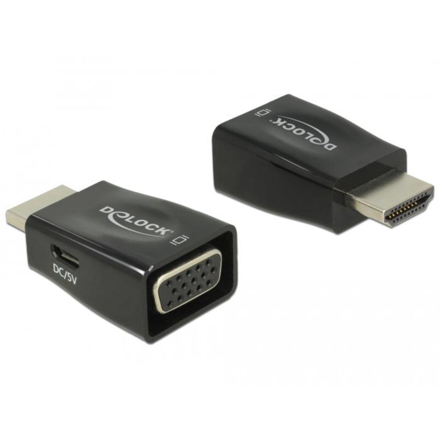 Adaptateur HDMI mâle vers VGA femelle – actif – Full HDrnCet adaptateur est conçu pour connecter un appareil doté d'une sortie HDMI à un moniteur ou projecteur VGA. Le signal HDMI numérique est activement converti en un signal VGA analogique par l'adaptateur. La direction du signal est fixe : HDMI vers VGA.rnrnApplicationrnL'adaptateur est utilisé pour connecter des systèmes dotés d'une sortie HDMI, tels que des ordinateurs ou des lecteurs multimédias, à des écrans ou projecteurs plus anciens qui ne disposent que d'une entrée VGA. L'adaptateur ne prend en charge qu'un seul moniteur VGA connecté à la fois.rnrnConversion de signalrnL'adaptateur intègre un chipset actif pour la conversion de la vidéo HDMI numérique en vidéo VGA analogique. Cela signifie qu'aucune prise en charge de la sortie vidéo analogique via HDMI n'est nécessaire de la part de l'appareil source.rnrnDirection du signalrnLa direction du signal est unidirectionnelle : entrée HDMI vers sortie VGA. L'utilisation dans le sens inverse n'est pas possible.rnrnPrise en charge d'image et vidéornPrend en charge des résolutions allant jusqu'à 1920 × 1200 @ 60 Hz. La résolution réelle dépend de l'appareil source et de l'écran VGA connecté.rnrnAlimentationrnL'adaptateur dispose d'un connecteur Micro-USB pour une alimentation externe optionnelle. Une alimentation supplémentaire peut être nécessaire pour les systèmes qui fournissent une puissance insuffisante via HDMI.rnrnConceptionrnL'adaptateur est fabriqué en plastique et est de couleur noire. Le connecteur VGA est conçu sans vis de fixation.rnrnSpécificationsrn• Marque : Delockrn• Type de produit : Adaptateur HDMI vers VGArn• Type de signal : actif (conversion numérique vers analogique)rn• Chipset : Algotek AG6200Arn• Entrée : HDMI-A mâle (19 broches)rn• Sortie : VGA femelle (15 broches)rn• Direction du signal : HDMI → VGArn• Résolution max. : 1920 × 1200 @ 60 Hzrn• Moniteurs pris en charge : 1 moniteur VGArn• Alimentation : optionnelle via Micro-USBrn• Matériau du boîtier : plastiquern• Couleur : noirrn• Dimensions : 39 × 23 × 14 mmrnrnExplication des termes utilisésrn• Adaptateur actif : Adaptateur avec électronique intégrée qui convertit un signal numérique en un autre type de signal.rn• HDMI : Connexion numérique pour la vidéo et l'audio.rn• VGA : Connexion vidéo analogique pour l'affichage d'images.rn• Unidirectionnel : Transmission de signal dans une seule direction fixe.rn• Alimentation Micro-USB : Connexion d'alimentation supplémentaire pour un fonctionnement stable si nécessaire.rn