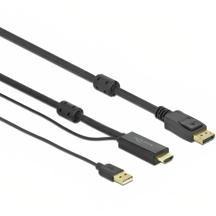 Gymnast Communicatie netwerk eetpatroon HDMI naar DisplayPort kabel - 2 meter - Versie: 1.2 Verguld: Ja,  Aansluiting 1: HDMI A male, Aansluiting 2: DisplayPort male, Aansluiting 3:  USB A male, Max. resolutie: 4K@30Hz, Lengte: 2 meter