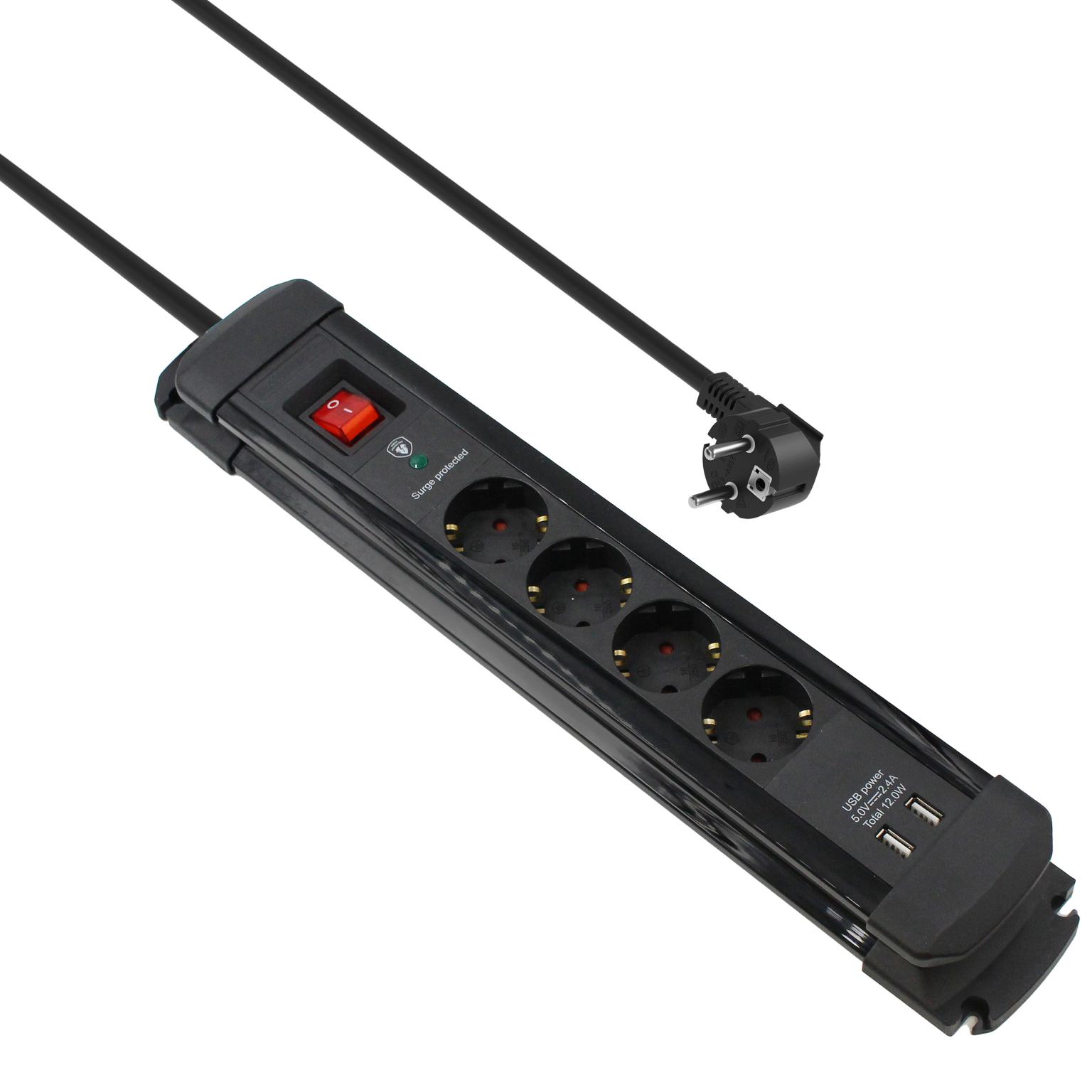 Stekkerdoos 4x Type F 2x USB, met overspanningsbeveiliging