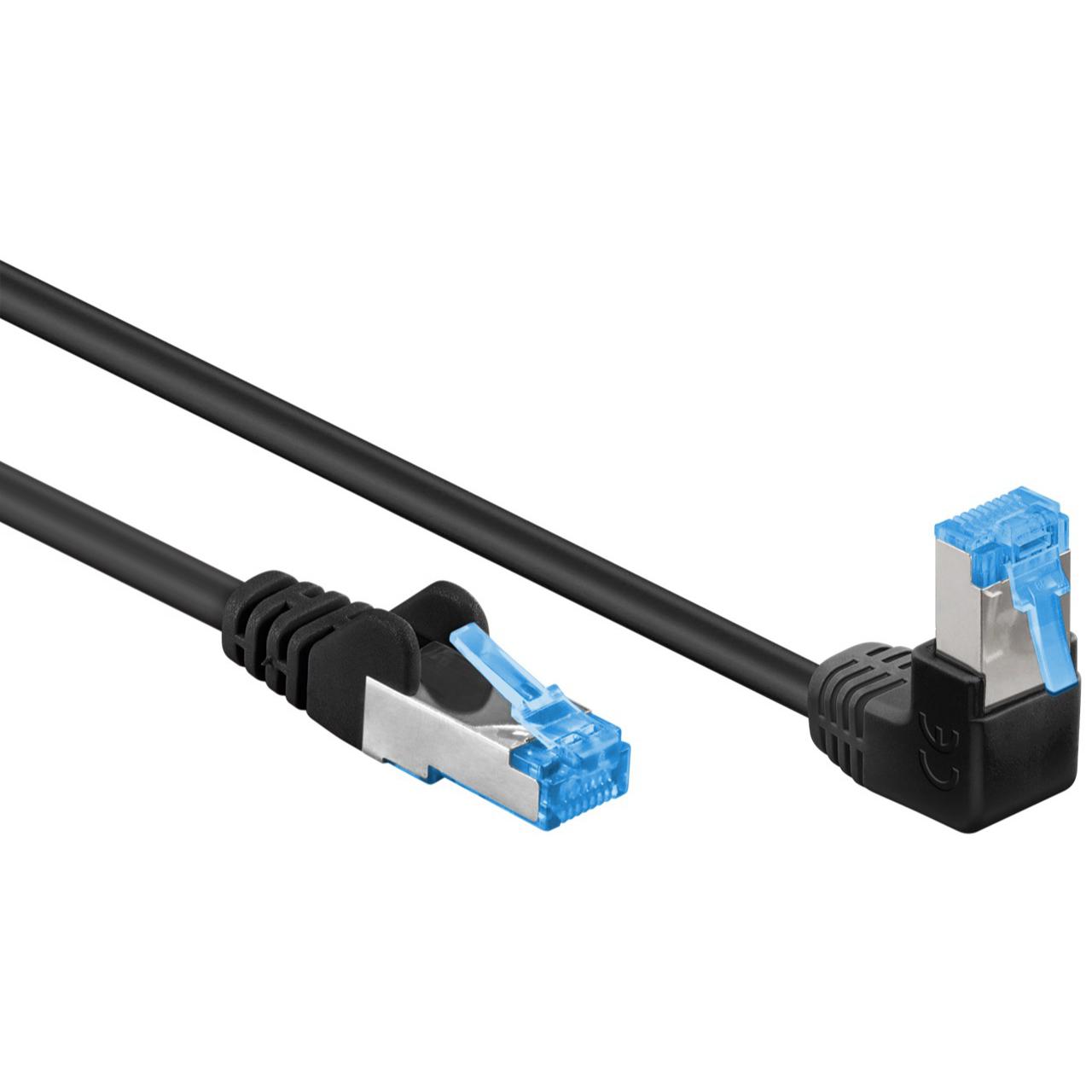Câble S/FTP Cat 6a coudé - Conducteurs : CU - AWG 27/7, Connexion 1 : RJ45  mâle, Connecteur 2 : RJ45 mâle coudé, 1 mètre.