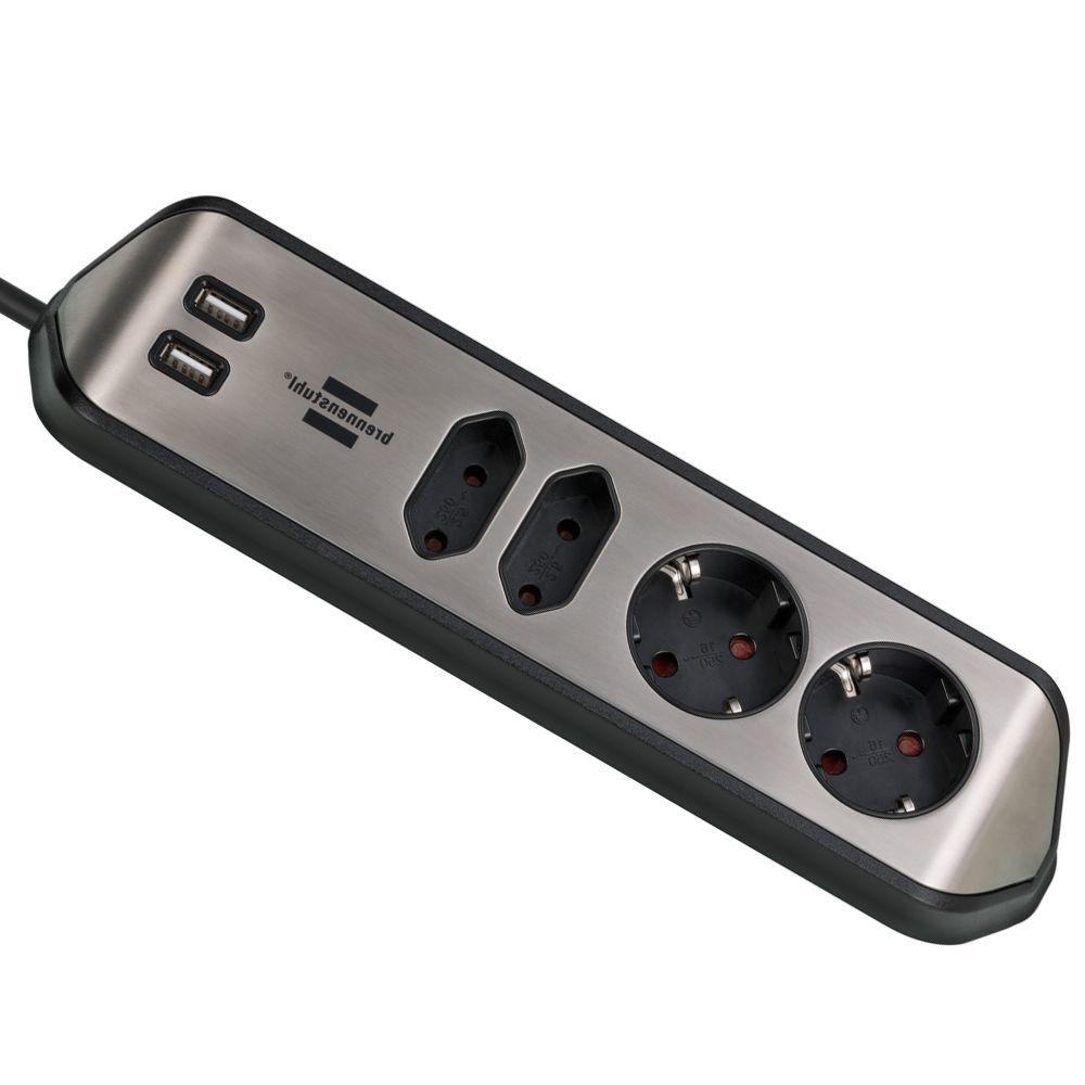 Prise Brennenstuhl Desktop-Power avec 2 contacts et 2x USB / noir - 1,8  mètres