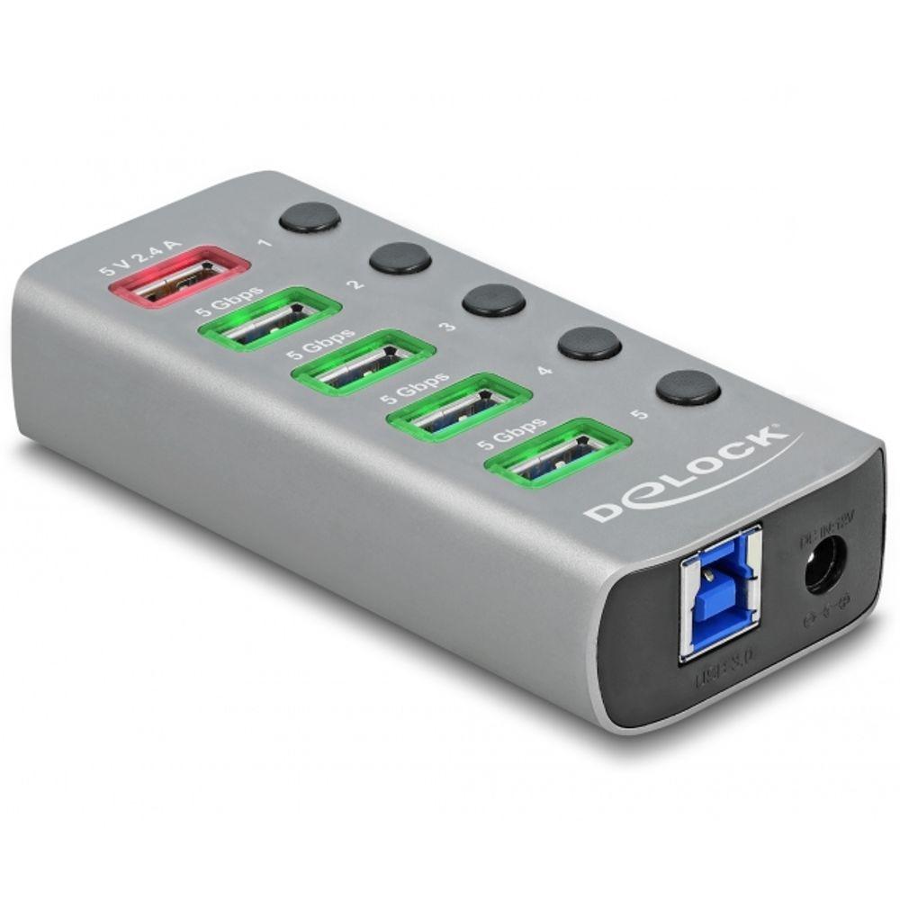 Delock USB 3.2 Gen 1 Hub avec 4 ports + 1 port de charge rapide avec interrupteur et