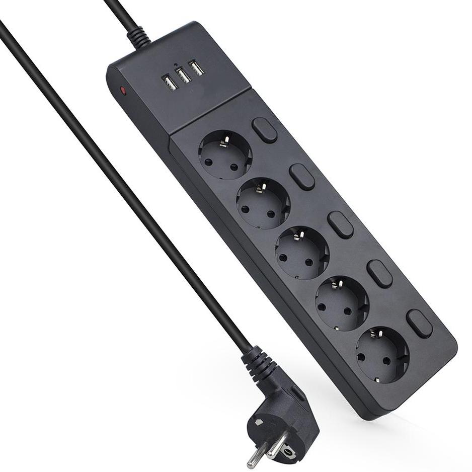 Bloc multiprises à 5 voies avec 3 ports USB noir