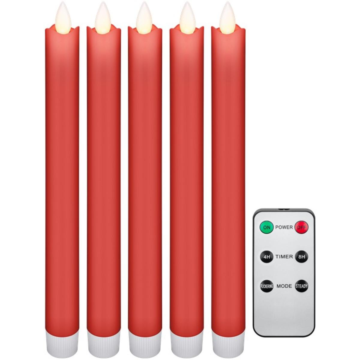 Set of 5 red LED real wax rod candles, incl. remote control Beautiful a