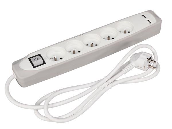 5-voudige stekkerdoos met schakelaar - 2 USB-aansluitingen - grijs/wit - penaarde - Perel