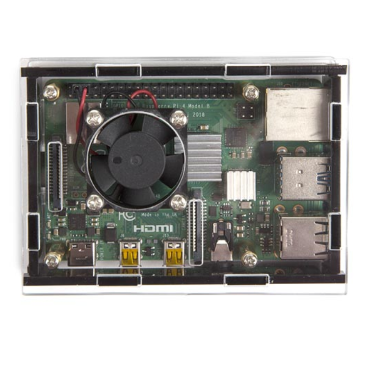TRANSPARANTE BEHUIZING MET KOELELEMENTEN EN VENTILATOR VOOR RASPBERRY PI 4®. - Whadda