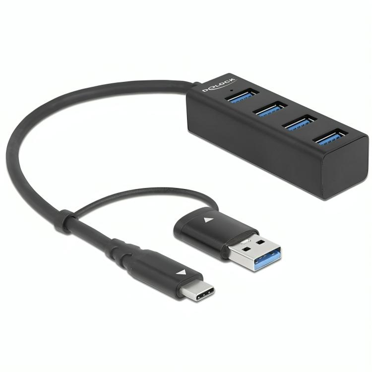 USB hub met 4 USB A poorten en gecombineerde USB C / USB A aansluiting