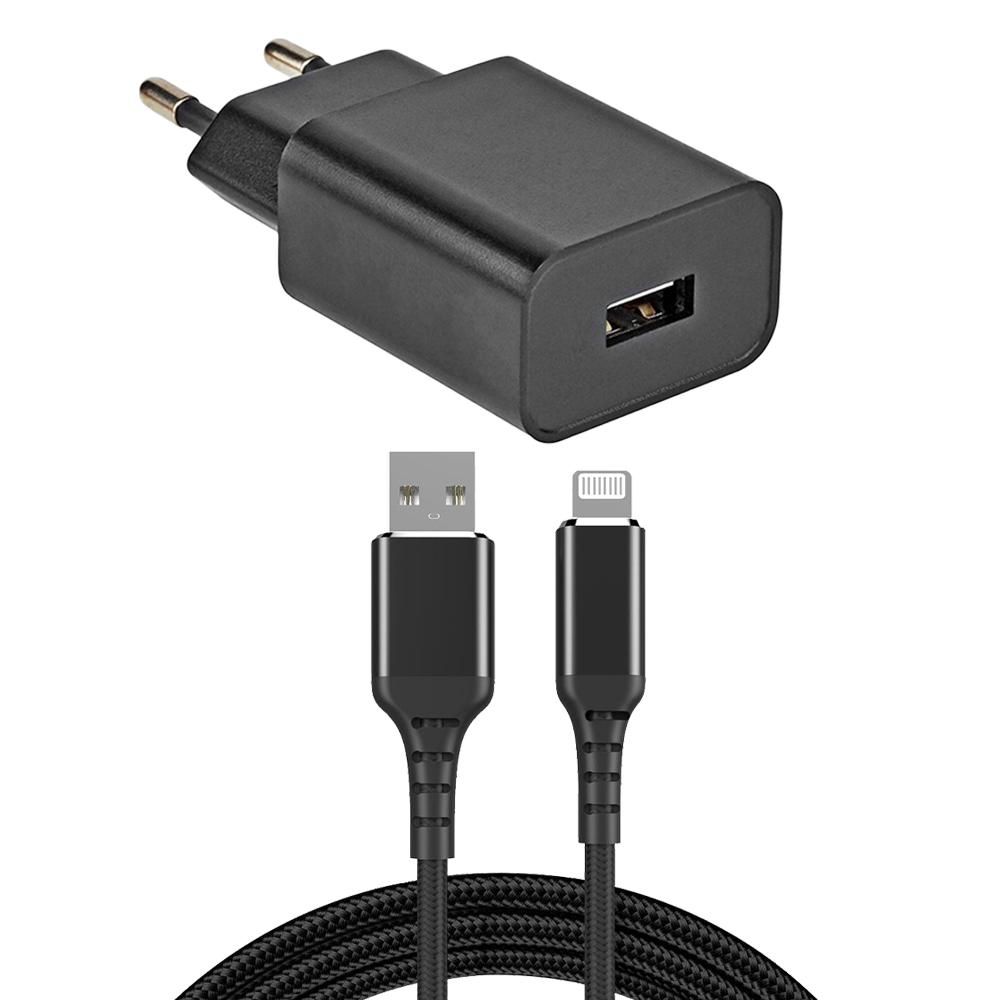 Chargeur USB + câble Lightning - Longueur du câble : 3 mètres Couleur :  Noir Courant : 1000 mA Puissance : 5 Watt