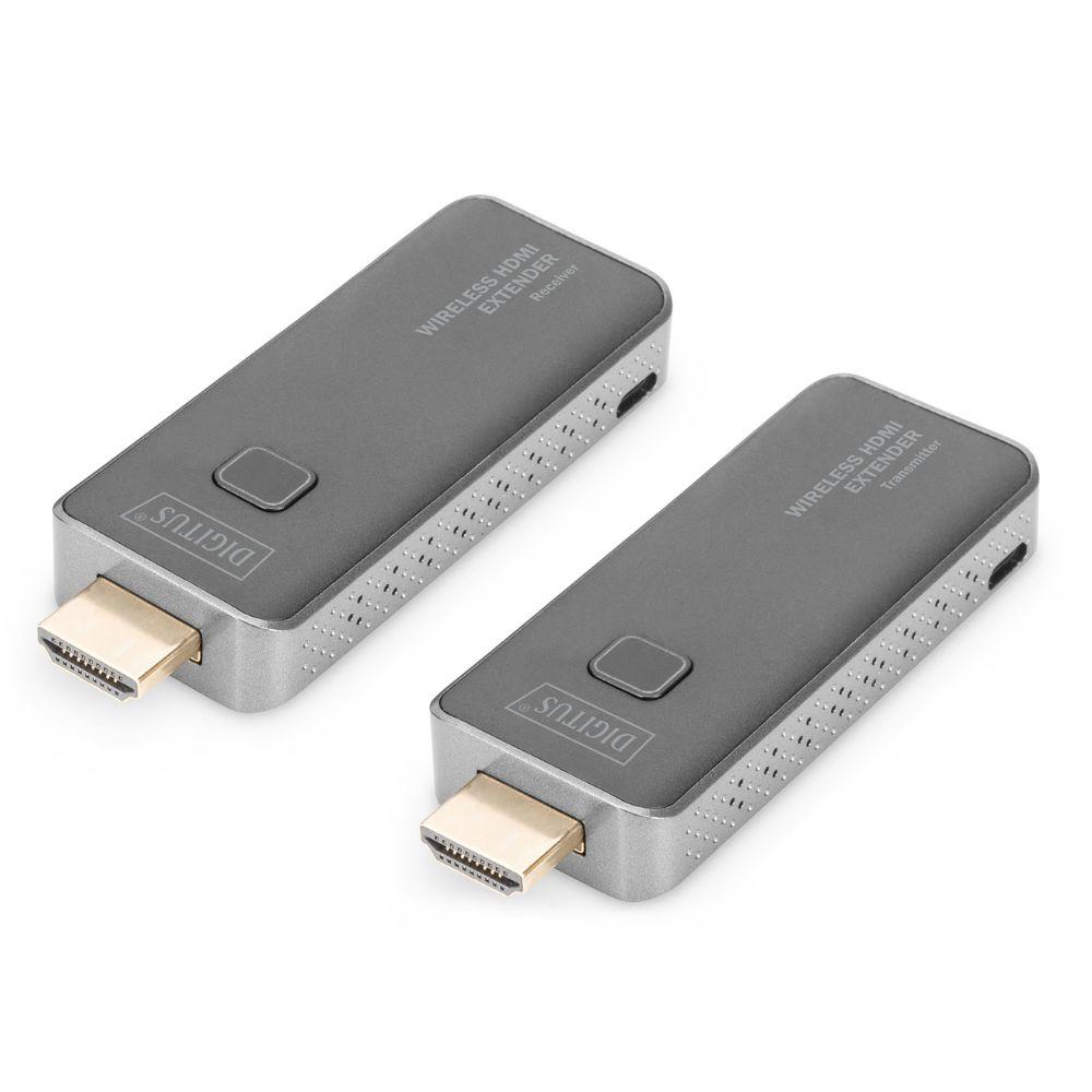 Extender HDMI sans fil – 50 m – 1080p@60Hz – 1-to-1rnCet extender HDMI™ sans fil se compose de 1 émetteur et de 1 récepteur et permet de transmettre des signaux vidéo et audio HDMI™ sans fil entre deux appareils.rnLa transmission s'effectue via une connexion point à point avec une distance maximale de 50 m en visibilité directe.rnrnLa résolution maximale prise en charge est de 1920 × 1080 @ 60 Hz. La vidéo est transmise sans fil avec une compression H.264 et présente une latence d'environ 120 ms.rnL'audio est transmis en stéréo PCM avec une fréquence d'échantillonnage de 48 kHz.rnrnLa connexion sans fil utilise la bande des 5 GHz conformément à la norme IEEE 802.11ac. La sécurité est assurée par un chiffrement AES 128 bits et WPA2.rnrnL'émetteur et le récepteur sont alimentés via le port HDMI™ de l'appareil connecté ou via Micro-USB. Une alimentation de ≥ 0,5 A est requise pour l'alimentation via HDMI™.rnrnSens du signalrnHDMI™ → HDMI™ (de l'émetteur au récepteur).rnrnEntréesrn1x HDMI™ mâle par émetteur pour la connexion à la source.rnrnSortiesrn1x HDMI™ mâle par récepteur pour la connexion à l'appareil d'affichage.rnrnSupport image et vidéornRésolution maximale 1920 × 1080 @ 60 Hz. Prise en charge de la vidéo Full HD via transmission sans fil.rnrnNiveau HDMIrnHDMI™ 1.4 – High Speed.rnrnAudiornPrend en charge la stéréo audio, 16 bits / 48 kHz, transmise via HDMI™.rnrnTransmission sans filrnIEEE 802.11ac, 5 GHz, 2T2R. Portée jusqu'à 50 m en visibilité directe. Les obstacles tels que les murs ou le verre peuvent limiter la portée.rnrnSécuritérnPrend en charge le chiffrement AES 128 bits et l'authentification WPA2.rnrnAlimentationrnAlimentation via le port HDMI™ (≥ 0,5 A) ou via Micro-USB (DC 5 V / 0,5 A).rnrnFinitionrnBoîtier en ABS de couleur noire.rnrnSpécificationsrn• Type de produit : Extender HDMI™ sans filrn• Configuration : 1x émetteur + 1x récepteurrn• Transmission du signal : Sans fil (point à point)rn• Résolution max. : 1920x1080@60Hzrn• Portée : Jusqu'à 50 m (visibilité directe)rn• Norme sans fil : IEEE 802.11ac, 5 GHz, 2T2Rrn• Version HDMI : HDMI™ 1.4 – High Speedrn• Version HDCP : 1.3rn• Compression vidéo : H.264rn• Latence : environ 120 msrn• Audio : Stéréo, 16 bits / 48 kHzrn• Chiffrement : AES 128 bitsrn• Authentification : WPA2rn• Connecteurs par unité : 1x HDMI mâle, 1x Micro-USB femellern• Alimentation : HDMI™ ou Micro-USBrn• Consommation électrique : 2,5 Wrn• Température de fonctionnement : 0 – 40 Crn• Boîtier : ABSrn• Couleur : Noirrn• Dimensions par unité : 83 x 32 x 13 mmrn• Poids par unité : 27 grnrnExplication des termes utilisésrn• Extender HDMI™ sans fil : Appareil qui transmet des signaux vidéo et audio HDMI™ sans câble.rn• Point à point : Connexion directe entre un émetteur et un récepteur.rn• Visibilité directe : Transmission sans obstacles physiques entre l'émetteur et le récepteur.rn• H.264 : Standard de compression vidéo pour une transmission sans fil efficace.rn• Latence : Délai entre la source et l'affichage.rn