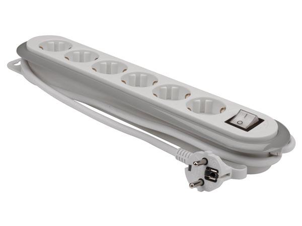 PRISE MULTIPLE 6 VOIES AVEC INTERRUPTEUR - GRIS/BLANC - PRISES DE TERRE - Perel