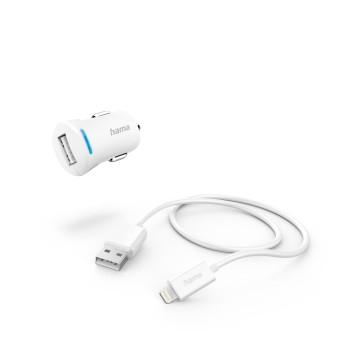 Chargeur allume-cigare avec câble Lightning, 12 W, 1,0 m, blanc - Hama