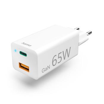 Chargeur rapide, GaN, 1x USB-C PD, 1x USB-A QC, Mini-chargeur, 65 W, blanc - Hama
