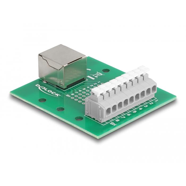 Delock RJ45 femelle vers bornier à bouton-poussoir pour rail DIN