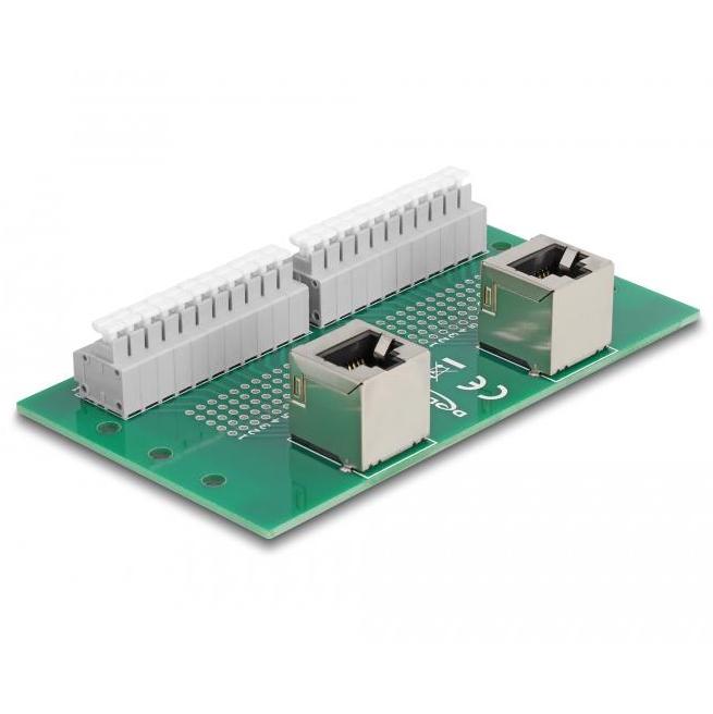 Delock RJ50 2 x Buchse zu 2 x Terminalblock mit Drucktaster für Hutschien