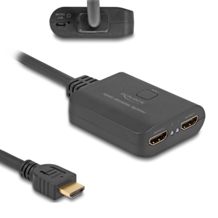 Delock HDMI-Splitter 1 x HDMI-ingang op 2 x HDMI-uitgang 4K 60 Hz met downscaler
