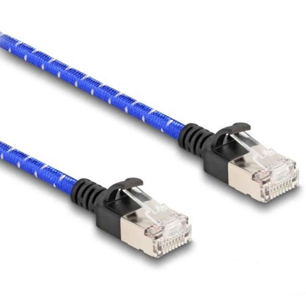 Delock RJ45 Câble réseau avec gaine tressée Cat.6A U/FTP Slim 0,3 m bleu