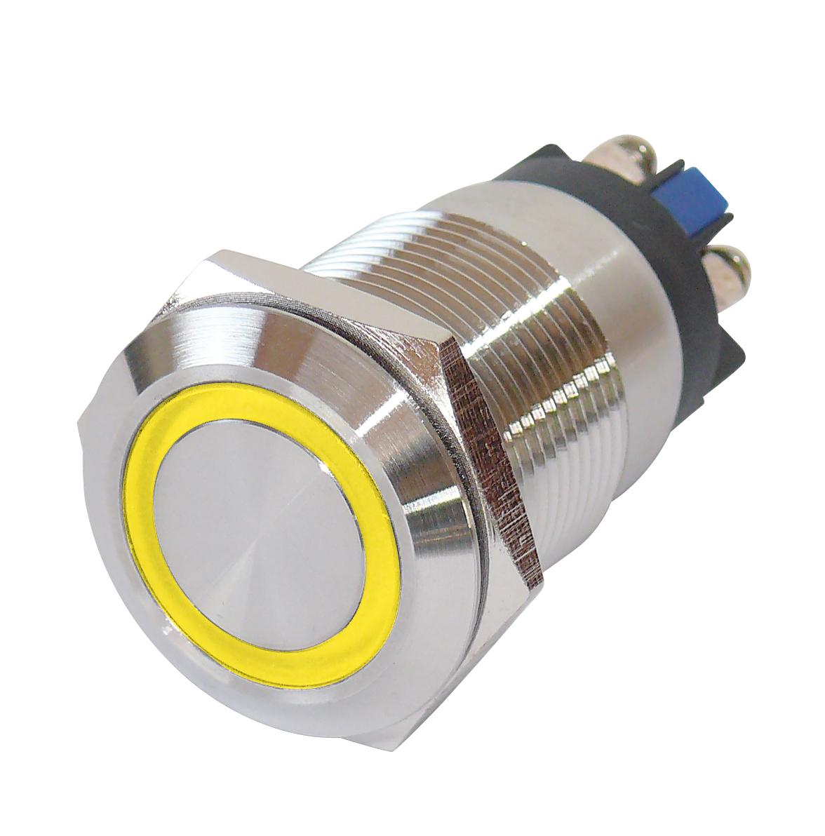 Bouton-poussoir tout métal avec œillets à vis 19mm éclairage annulaire jaune BLANKO