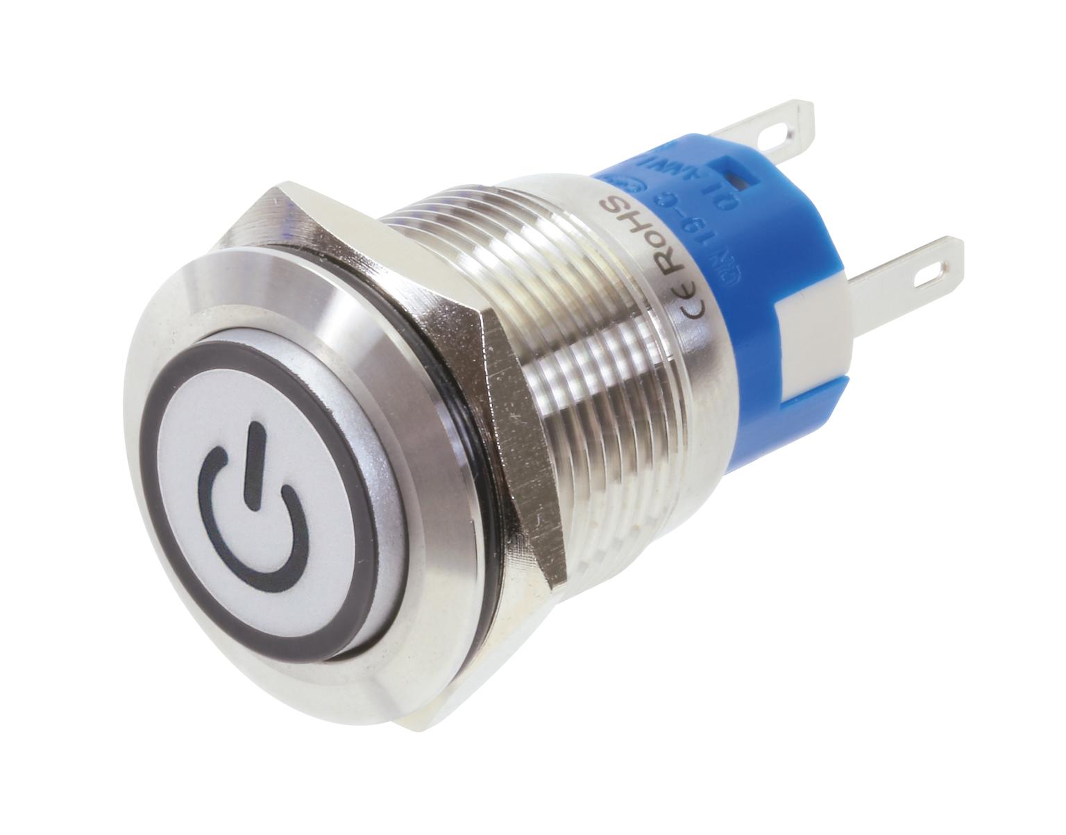 Metallschakelaar 19 mm met aan/uit-symbool, ringverlichting wit, 1xO, 1xS BL