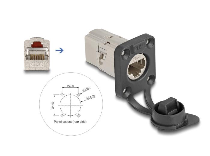 Delock D-Type RJ45 Boîtier encastré / Couplage Cat.6A STP avec capot de protection IP66