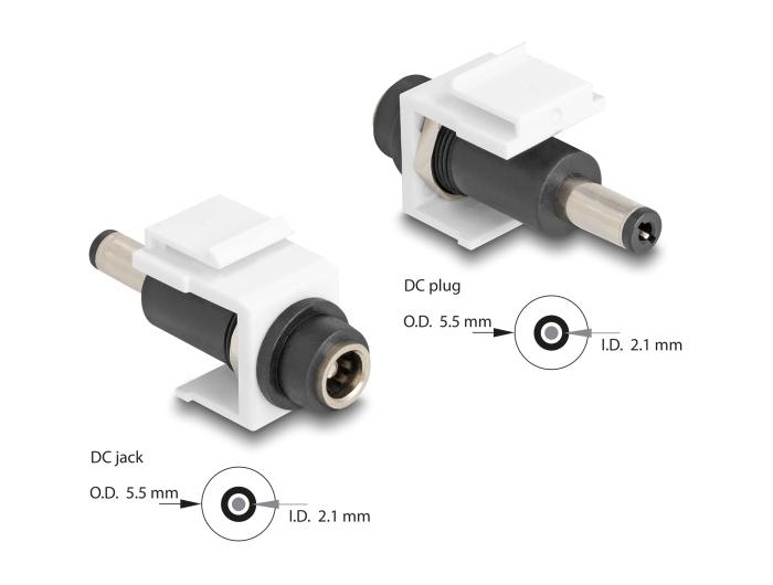 Delock Keystone Module DC 5,5 x 2,1 mm Jack naar DC 5,5 x 2,1 mm Stekker wit