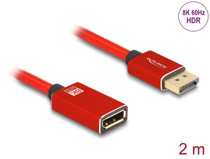Delock DisplayPort Verlengkabel 8K 60 Hz 2 m rood Metaal zonder vergrendeling