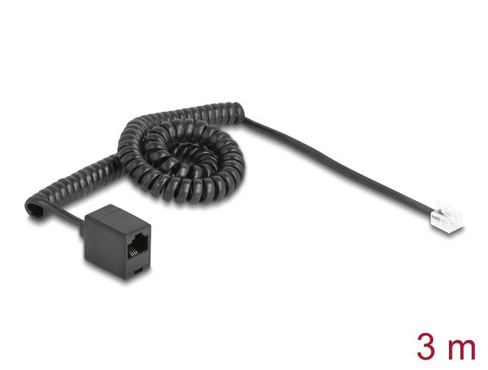 Delock Telefoonkabel / Spiralkabel RJ11 Stekker naar RJ45 Aansluiting zwart 3 m