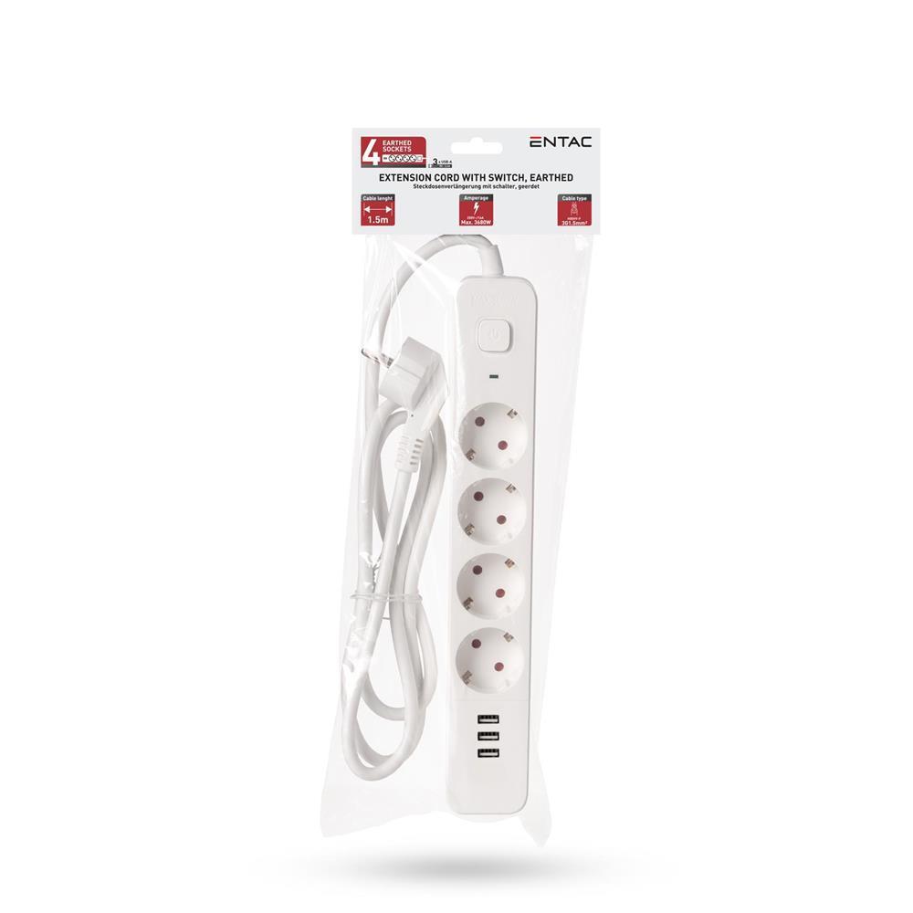 Entac Stekkerdoos D2 4 stopcontacten met schakelaar 1,5m 3xUSB A 3G1.5 - Entac