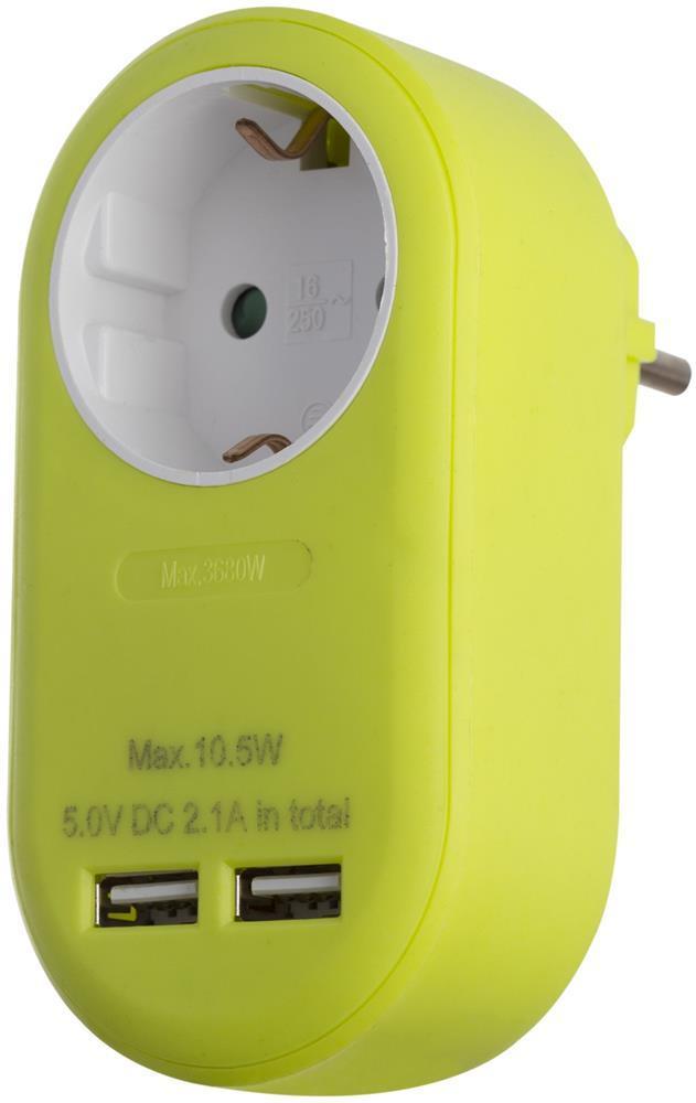 Entac Power Adapter 1 geaarde stopcontact en 2 USB (totaal 2.1A) Lime - Entac