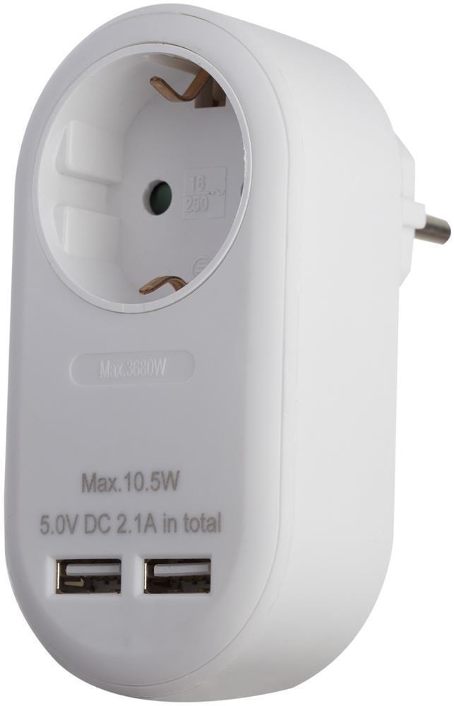 Entac Power Adapter 1 geaarde stopcontact en 2 USB (totaal 2,1 A) Wit - Entac
