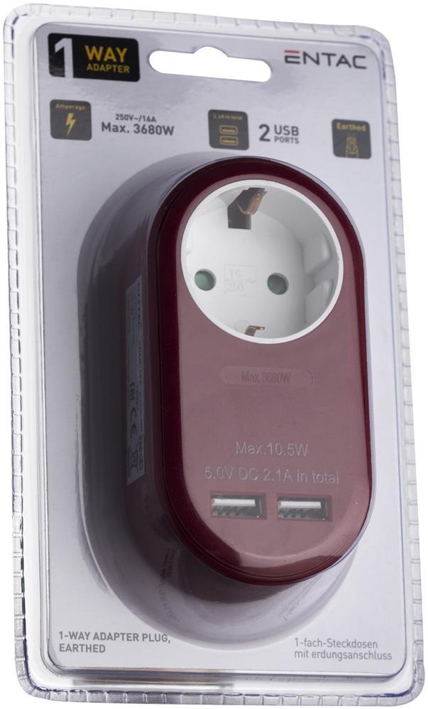 Entac Power Adapter 1 prise de terre et 2 USB (total 2,1 A) Burgundy - Entac