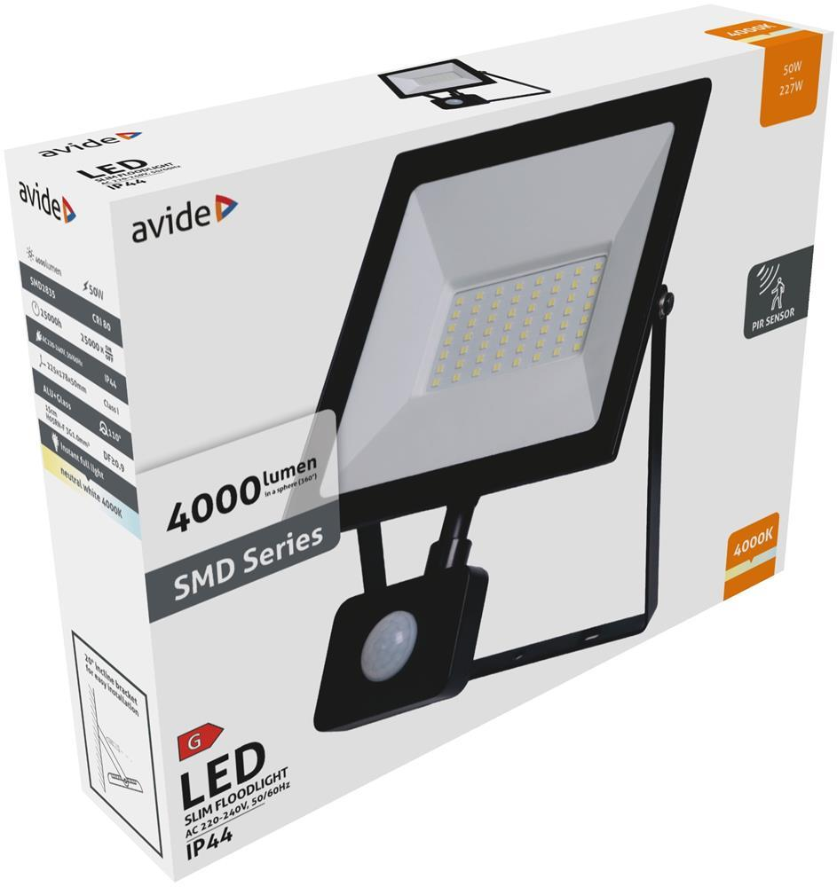 Avide Value LED Projecteur Slim SMD 50W BN 4000K PIR - Avide