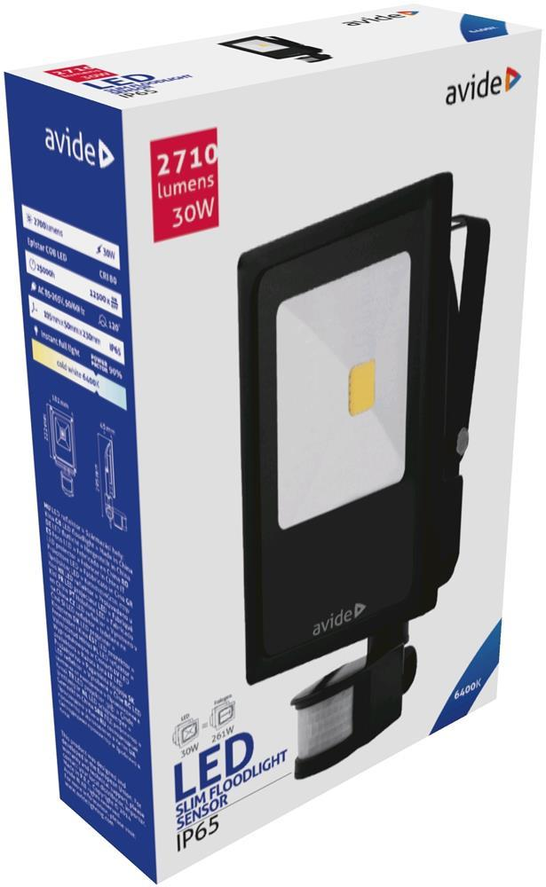 Avide LED Flood Light Slim 30W CW 6400K PIR - Avide