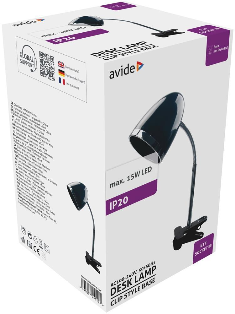 Avide Basic Bureaulamp Clip Zwart E27 max.15W - Avide