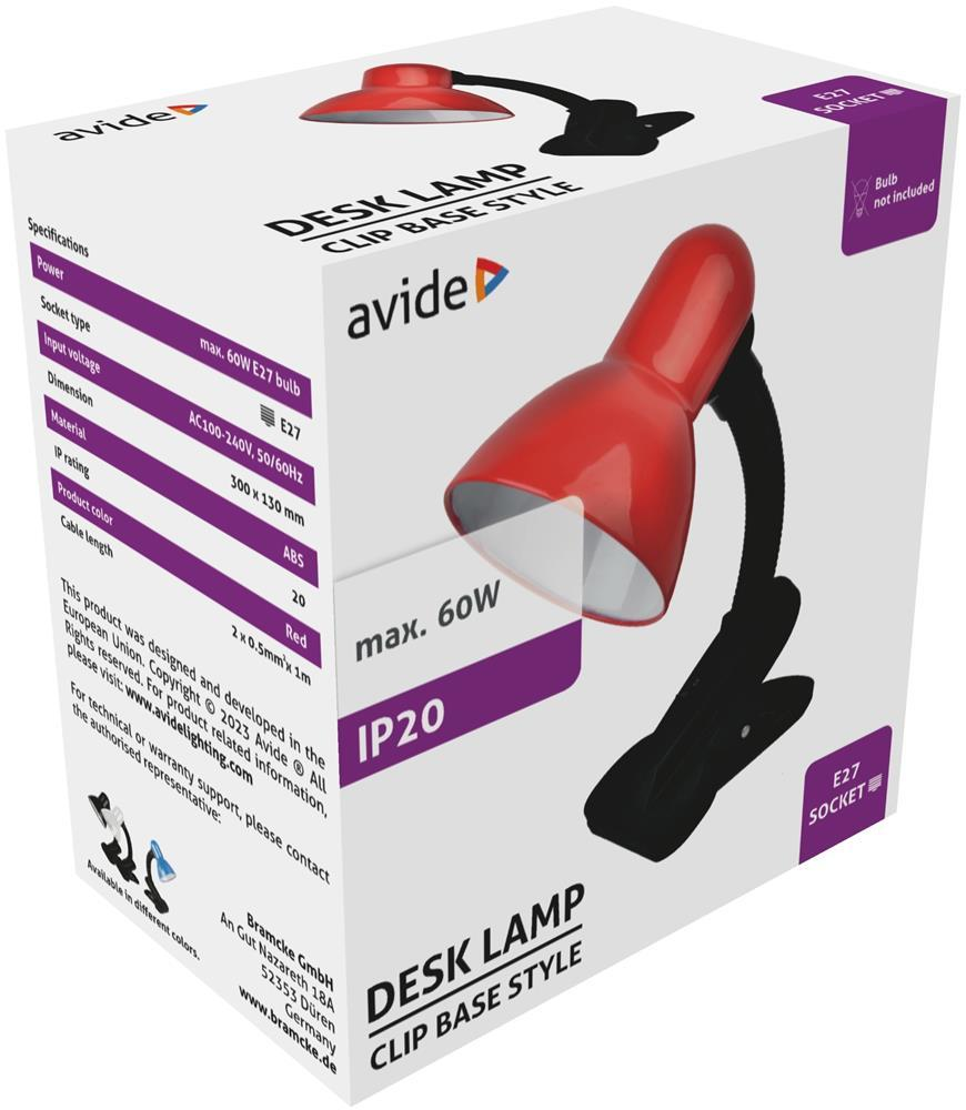 Avide Basic Bureaulamp Clip Rood Max 60W - Avide