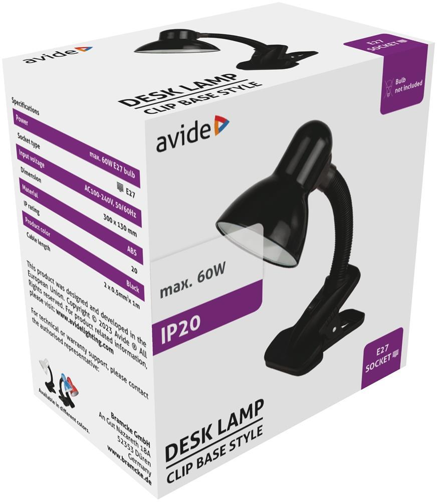 Avide Basic Lampe de bureau à pince Noire Max 60W - Avide