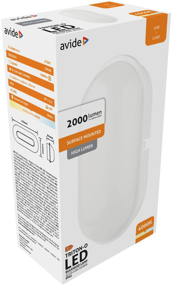 Avide Bulkhead Lamp Triton-O Oval IP65 20W NW 4000K Blanc 100lm/W - Avide