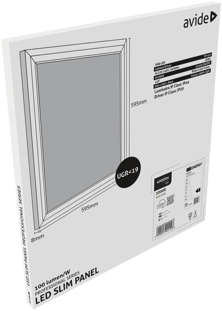 Avide LED Panel 600x600mm 40W WW 3000K 100lm/W UGR+IP44 Professional Range - Avide