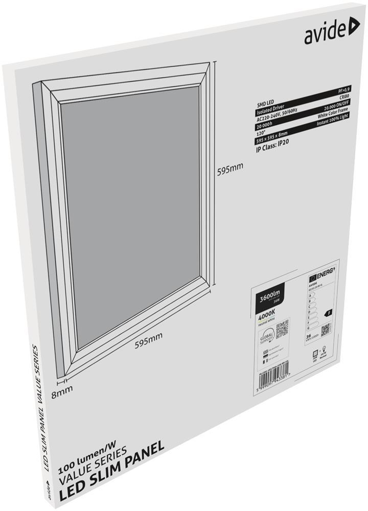 Panneau LED Avide 600x600mm 36W NW 4000K 100lm/W Value Range - Avide