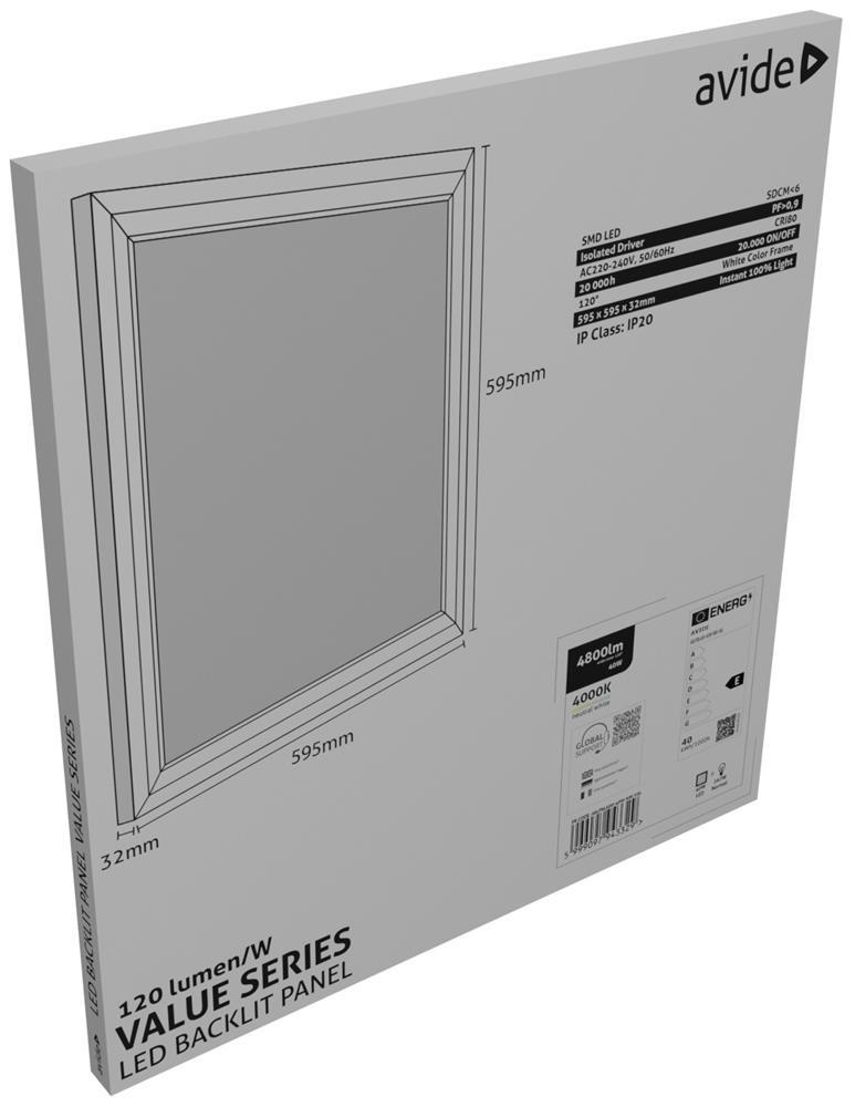Panneau LED Avide 600x600mm 40W NW 4000K 120lm/W Value Range Backlit - Avide