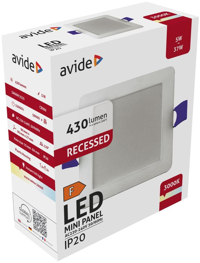 Avide LED Plafondlamp Inbouwlamp Paneel Vierkant Kunststof 5W WW 3000K - Avide