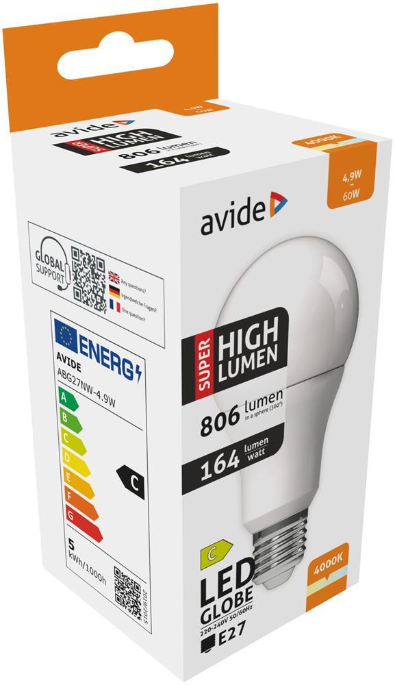 Avide LED Globe A60 4.9W E27 NW 4000K Super High Lumen - Avide
