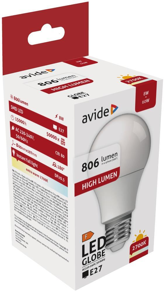 Avide LED Globe A60 8W E27 EW 2700K - Avide