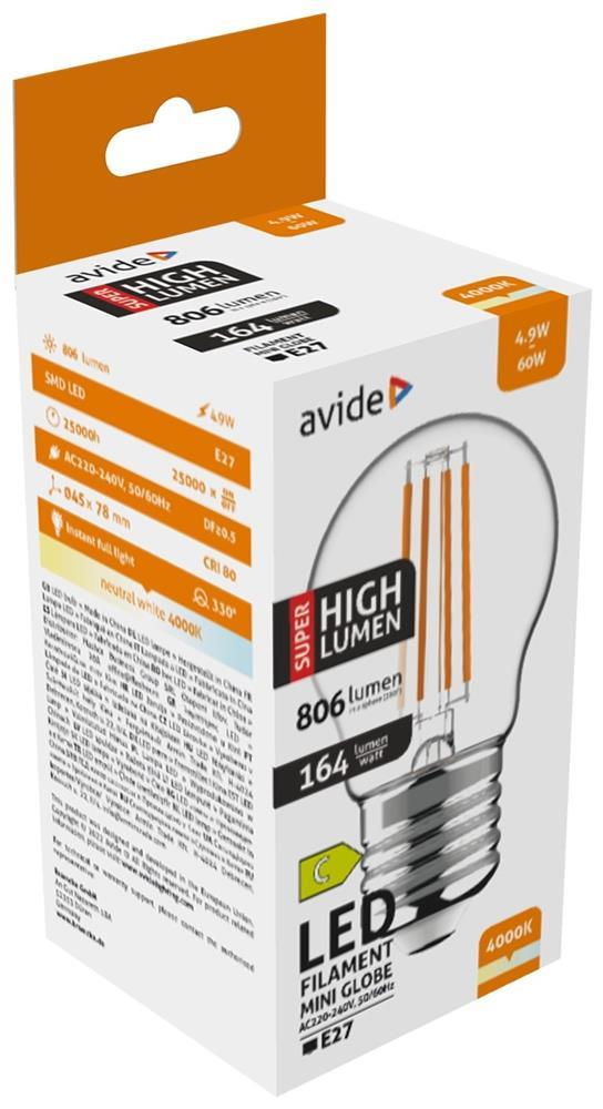 Avide LED Filament Mini Globe 4.9W E27 NW 4000K Super High Lumen - Avide