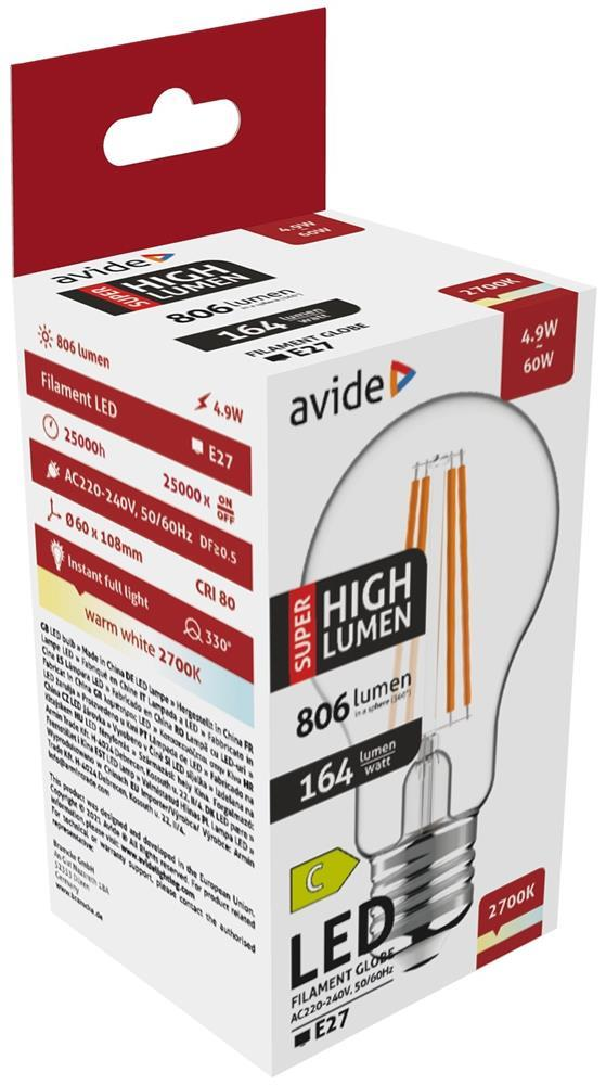 Avide LED Filament Globe 4.9W E27 A60 WW 2700K Super High Lumen - Avide